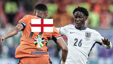 Kobbie Mainoo tries to get the ball against Cody Gakpo as the England flag and the EUROS logo is next to him. (Source: ESPN FC X)