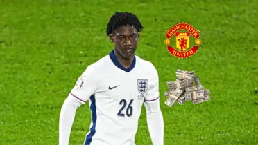 Kobbie Mainoo wears the England jersey at EURO 2024 and the Manchester United badge is above a stack of cash. (Source: StatmanDave X)