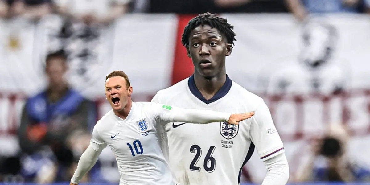 Kobbie Mainoo wears the England jersey at the EUROS while Wayne Rooney celebrates his goal for England with the number 10. (Source: Getty Images)