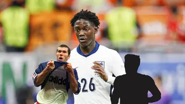 Kobbie Mainoo wears the England jersey at the EUROS while Zinedine Zidane celebrates a goal for France and next to him is a mystery player. (Source: AP, Centredevils X)