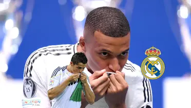 Kylian Mbappé and Cristiano Ronaldo kiss the Real Madrid badge on their jerseys while the logo is next to him. (Source: Fabrizio Romano X)