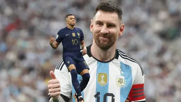 Kylian Mbappé celebrated with France while Lionel Messi throws a thumbs up with Argentina.