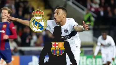 Kylian Mbappé celebrates his goal while the Real Madrid badge is next to him and the mystery player has an FC Barcelona badge next to him.