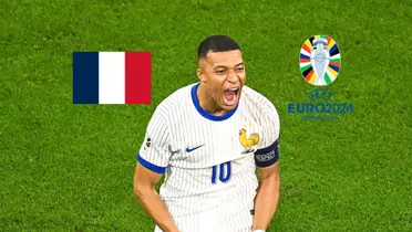 Kylian Mbappé celebrtaes a France goal at the EUROS with no mask; the French flag and the EURO 2024 logo is next to him. (Source: BR Football X)