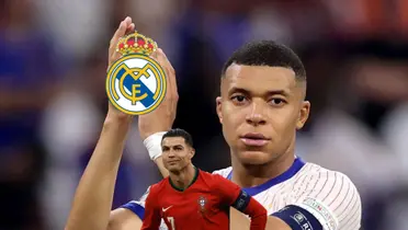 Kylian Mbappé claps with a France jersey on while Cristiano Ronaldo smiles with a Portugal jersey on and the Real Madrid badge is near them. (Source: UEFA EURO 2024 X)