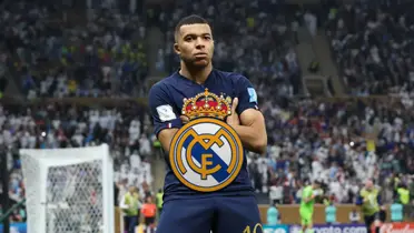 Kylian Mbappé does his trademark celebration and the Real Madrid badge is in the middle.