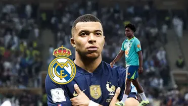 Kylian Mbappé does his trademark celebration with France while Endrick walks by wearing the Brazil training kit and the Real Madrid badge is next to them. (Source: BR Football X)