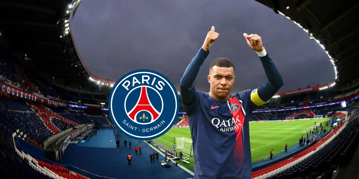 Kylian Mbappé gives two thumbs up to the PSG fans while wearing the PSG jersey. 