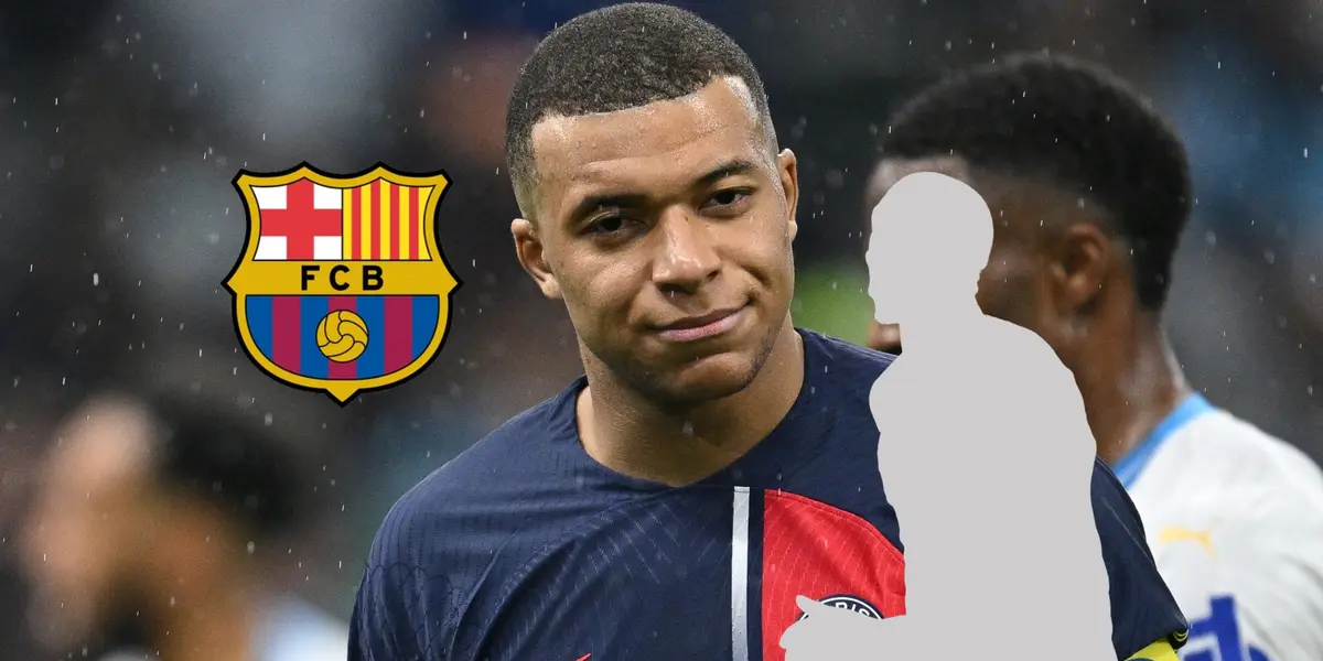 Kylian Mbappé has a slight grin while the FC Barcelona badeg and a mystery player is next to him.