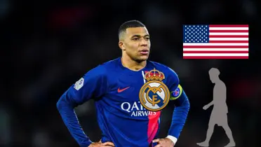 Kylian Mbappé has his hands on his hips wearing a PSG jersey with a Real Madrid badge on him; the United States flag is above a mystery player.