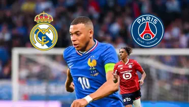 Kylian Mbappé is running while wearing the France jersey and Leny Yoro is running while wearing the Lille jersey; the Real Madrid and PSG badges are on top.