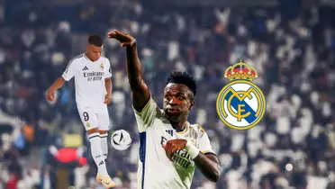 Kylian Mbappé juggles the ball with the Real Madrid kit on while Vinicius Jr. does a goal celebration as the club logo is next to him. (Source: Real Madrid, Vini Ball X)