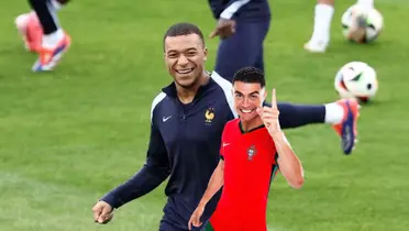 Kylian Mbappé laughs while training with France and Cristiano Ronaldo smiles and points while wearing the Portugal jersey.