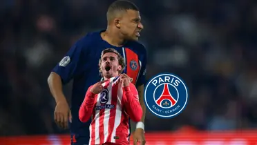 Kylian Mbappé looks ahead while wearing a PSG jersey and Antoine Griezmann points at the Atletico Madrid badge; the PSG logo is next to them.