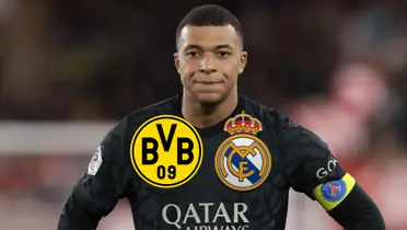 Kylian Mbappé looks disappointed while wearing a black PSG jersey; the Borussia Dortmund and Real Madrid badges are below him.