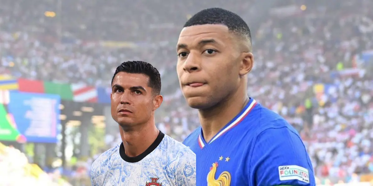 Kylian Mbappé looks focused with the France jersey on while Cristiano Ronaldo looks up with worry on his face. (Source: KM 10 Zone X, GOATTWORLD X)