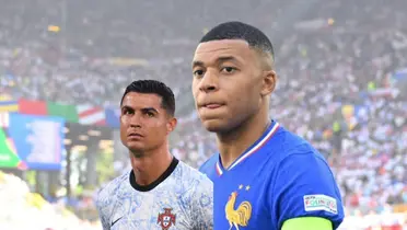 Kylian Mbappé looks focused with the France jersey on while Cristiano Ronaldo looks up with worry on his face. (Source: KM 10 Zone X, GOATTWORLD X)