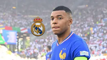 Kylian Mbappé looks serious as he wear the France jersey at the EUROS while the Real Madrid badge is next to him. (Source: KM10 Zone X)