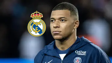 Kylian Mbappé looks serious while wearing a PSG jacket and the Real Madrid logo is next to him.