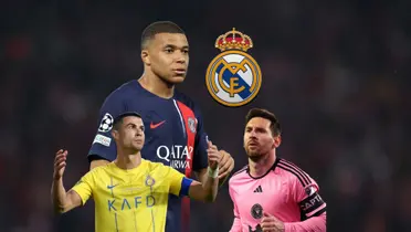 Kylian Mbappé looks serious with a PSG shirt on while Cristiano Ronaldo complains with an Al Nassr shirt; Messi is focused with Inter Miami.