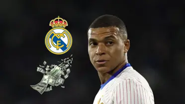 Kylian Mbappé looks to his right while the Real Madrid badge and flying money is next to him.