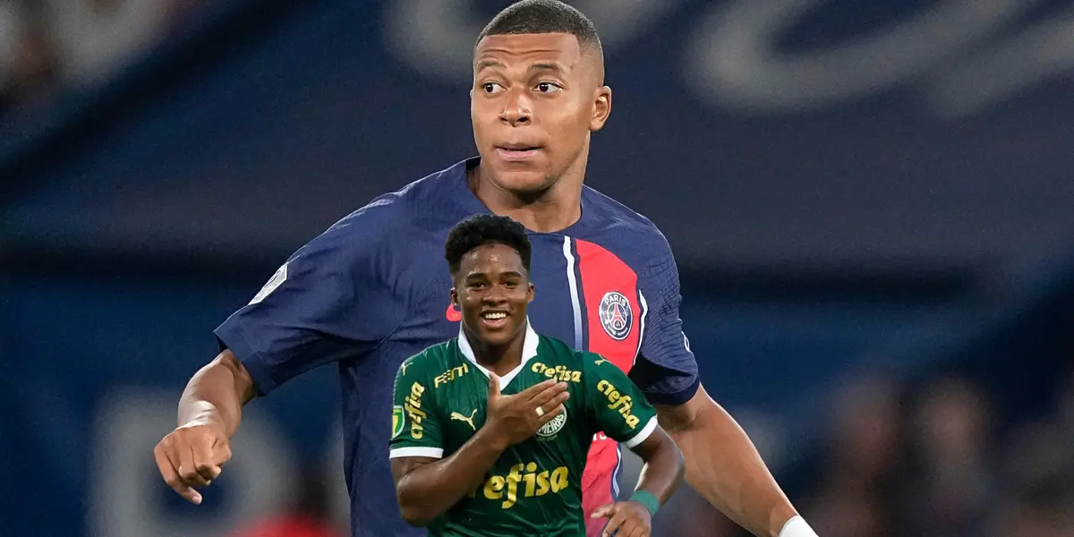 Kylian Mbappé looks to his right while wearing a PSG jersey and Endrick pats on the Palmeiras badge.