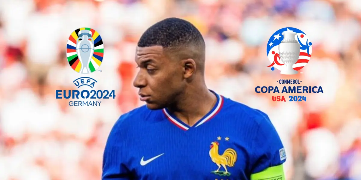 Kylian Mbappé looks to the side as he wears the France jersey; the Copa America and the EUROS logos are next to him. (Source: KM 10 Zone, UEFA, CONMEBOL)