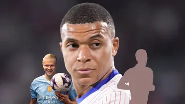 Kylian Mbappé looks to the side while Erling Haaland smiles with a ball in his hand and a mystery player is next to him. (Source: KM10 Zone X, Erling Haaland X)