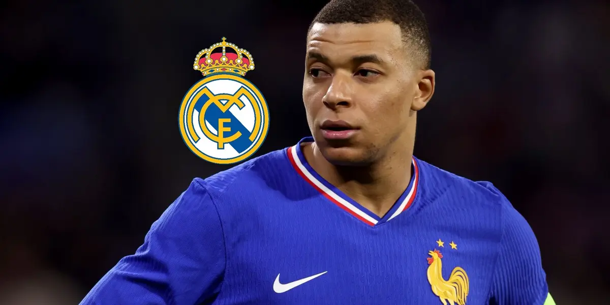 Kylian Mbappé looks to the side while wearing the French national team; the Real Madrid badge is next to him.