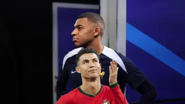 Kylian Mbappé looks to to the side as he has the France traning kit while Cristiano Ronaldo looks up with his hand up as well. (Source: GOATTWORLD X, KM10 Zone X)