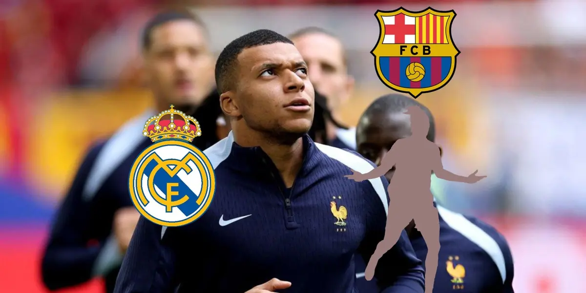 Kylian Mbappé looks up as he warms up with France and the Real Madrid badge is next to him; the FC Barcelona badge is on top of the mystery player. (Source: KM 10 Zone X)