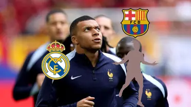 Kylian Mbappé looks up as he warms up with France and the Real Madrid badge is next to him; the FC Barcelona badge is on top of the mystery player. (Source: KM 10 Zone X)