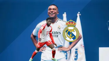 Kylian Mbappé looks up as he wears the Real Madrid jersey while Alphonso Davies plays for Bayern Munich and the Real Madrid logo is next to him. (Source: Madrid Xtra X, Roro_Bayern X)