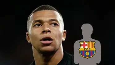 Kylian Mbappé looks up wearing a black PSG jersey while a mystery player has an FC Barcelona badge.