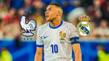 Kylian Mbappé looks up while he wears the France jersey; the France national team and Real Madrid badge is next to him. (Source: Madrid Zone X)