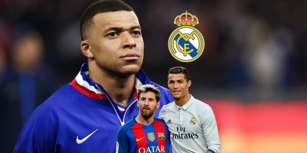 Kylian Mbappé looks up while wearing the France jacket and the Real Madrid badge is next to him; Lionel Messi and Cristiano Ronaldo hug each other while wearing the Barca and Real Madrid kit respectively.