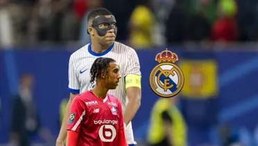 Kylian Mbappé looks up with a black mask while Leny Yoro looks to the side with a Lille jersey and the Real Madrid badge is next to him. (KM 10 Zone X, United Stand X)