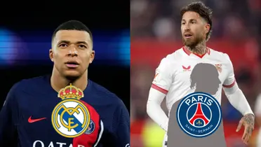Kylian Mbappé looks up with a PSG jersey on and a Real Madrid badge below him. Sergio Ramos wears a Sevilla jersey on and has a mystery player below him with a PSG badge.