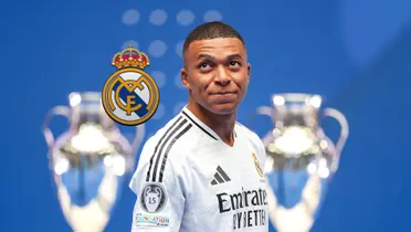 Kylian Mbappé looks up with a smile on his face as he wears the Real Madrid jersey and the club badge is next to him. (Source: KM 10 Zone X)