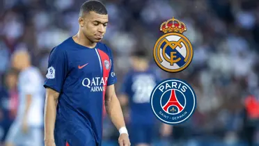 Kylian Mbappé looks upset while wearing the PSG jersey; the Real Madrid and PSG badges are next to him.