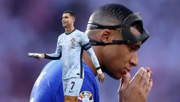 Kylian Mbappé looks worried as he removed his mask while Cristiano Ronaldo smiles while wearing the away Portugal jersey. (Source: GOATTWORLD X, KM 10 Zone X)