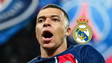 Kylian Mbappé opens his mouth while wearing a PSG kit and a Real Madrid logo is next to him.