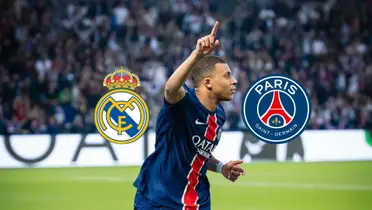 Kylian Mbappé points to the sky while wearing the PSG jersey; Real Madrid logo and PSG logo is next to him.