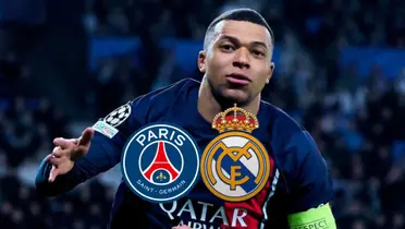 Kylian Mbappé puts his hand out while wearing the PSG jersey and the PSG and Real Madrid badges are below him.