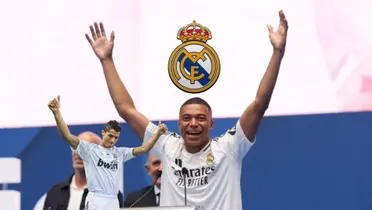 Kylian Mbappé puts his hands up with the Real Madrid badge on top of him while Cristiano Ronaldo throw thumbs up with the Real Madrid kit on. (Source: ESPN FC X, X)