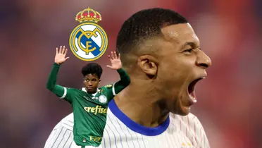 Kylian Mbappé screams with joy with a France jersey on while Endrick hold his hands up and the Real Madrid badge is above him. (Source: KM 10 Zone X, REUTERS)