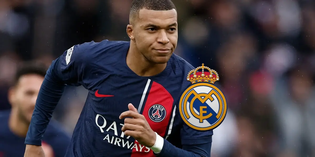 Kylian Mbappé slightly smiles while wearing the PSG jersey and the Real Madrid badge is next to him.