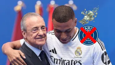 Kylian Mbappé smiles and hugs Florentino Perez as the PSG badge is crossed out and money is on top of it. (Source: KM10 Zone X)