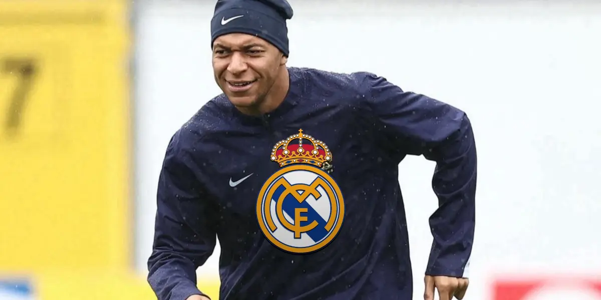 Kylian Mbappé smiles as he is training with the French national team and the Real Madrid badge is in the middle. (Source: KM10 Zone X)
