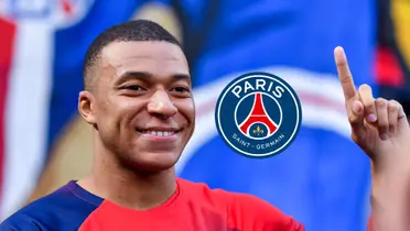 Kylian Mbappé smiles before his last PSG match at the Parc des Princes and the PSG logo on the side.